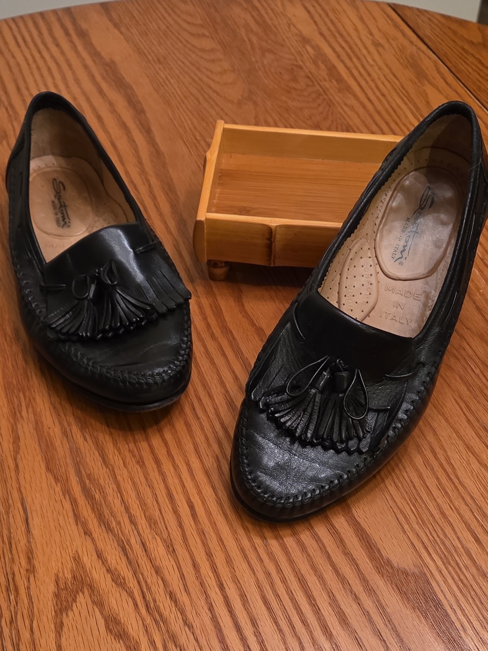 Santoni Men’s Black Leather Tassel Fringe Loafers Size 8 EE